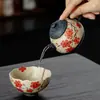 Tetera Cerámica para el Hogar Estilo Antiguo Pintada a Mano con Esmalte Color Caramelo, Diseño Azul Índigo y Ciruela Roja, con Filtro de Agujero de Bola para Té Kung Fu