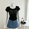 Nova Blusa Feminina Casual Diária Estilo Harajuku Coreano Gola U Ajustada com Padrão de Strass Hot-Fix Estilo Street Spicy Girl Camiseta para Street Shoot