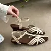 Primer Encuentro con Sandalias de Tacón de Cuña Tejidas Huecas de Punta Cerrada para Mujer Estilo Retro Francés, Cómodas y Versátiles para el Verano, Perfectas con Faldas, Color Nude