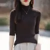Estilo Novo de Primavera Algodão Puro Gola Meia-Alta Manga Três Quartos Suéter Base Tricotado Cor Sólida Versátil Estilo Coreano Top Canelado Roupa Feminina
