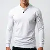 2026 Nueva Camiseta de Manga Larga para Hombre, Algodón Peinado Pesado Elástico, Cuello Henley, Corte Ajustado, para Correr y Fitness