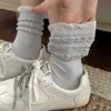 Calcetines blancos de encaje para mujer, calcetines de media pantorrilla para otoño e invierno, calcetines largos lindos estilo retro japonés de lunares para niñas, estilo universitario