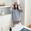 Camiseta de manga larga a rayas estilo coreano para mujer de principios de otoño, holgada y casual, camiseta básica de punto de cuello redondo, jersey adelgazante y casual