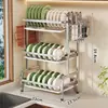Prateleira de armazenamento de louças para uso doméstico, organizador multifuncional de utensílios, rack de cozinha ao lado da pia para hashis, pratos, tábuas de corte e tampas de panelas, com recurso de drenagem