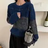 Suéter Feminino Listrado Azul Marinho Outono e Inverno, Novo Estilo 2025, Sensação Relaxada e de Alto Padrão, Pode Ser Usado por Fora, Blusa de Tricô