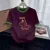 Camiseta de Algodón Elegante con Bloques de Color y Manga Corta para Mujer con Cuello Colorido, Camiseta Básica Versátil de Moda para Primavera y Verano