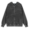 Moletom com cardigã patchwork de rebites cinza, unissex, estilo high street, único, jaqueta com zíper de corte solto, novo produto 2026