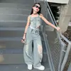Conjunto Jeans Estilo Picante de Verão para Meninas 2026 Novo Tendência Cool Regata Calça Wide-Leg Rasgada Roupa Infantil Transfronteiriça