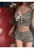 Saída de Praia Duas Peças Listrada Purely Sweet com Gola Halter, Cintura Alta, Cobre a Barriga, Proteção Solar, Novo Estilo Resort, Roupa de Banho para Fontes Termais para Mulheres