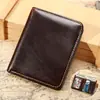 Cartera corta de piel de vaca de primera capa, doble pliegue, con tarjetero anti-robo RFID, cartera de cuero