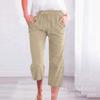 Calça Cropped Amazon Cross-Border Sorteio Cordão Algodão Linho Solta Reta Bolsos Botões Conformidade Cross-Border Pequena Quantidade