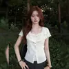 Camiseta de Manga Corta con Cuello en V Estilo Dulce y Femenino para Mujer, Nuevo Estilo de Verano con Diseño de Cordones, Falso Dos Piezas, Ceñida a la Cintura, Adelgazante, Top Versátil
