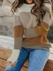 Suéter de moda para mujer de otoño e invierno, europeo y americano, comercio transfronterizo, top de bloque de color con cuello redondo elegante, tejido casual suelto de Amazon