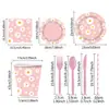 Suministros para Fiesta Temática de Margaritas Rosas Transfronterizos Servilletas de Papel Desechables, Vasos de Papel, Platos de Papel, Juego de Vajilla Floral