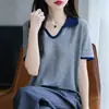 Verão 2026 Novo Estilo Gola Polo Lyocell Color Block Lapela Malha Top Feminino Manga Curta Fino