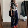 Pantalones de chándal casual retro azul marino para mujer 2026 Nuevo estilo de principios de otoño Cintura con retazos Pantalones deportivos Pantalones holgados de pierna ancha