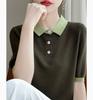 Camisa polo feminina de cor contrastante, nova, 2025, malha de seda gelada, manga curta, camiseta com decote em V, gola polo, tops slim da moda