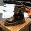 Botas Martin Femininas Estilo Britânico Casuais com Aumento de Altura Design Outono e Inverno Retro Moda Dobráveis na Panturrilha com Solado Grosso