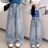 Calça Jeans Reta com Strass para Meninas, Estilos Primavera, Outono e Inverno, Nova Tendência 2026 Calça Wide Leg para Crianças Maiores e Estudantes