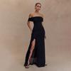 2025 Verão Europeu e Americano Elegante Tomara que Caia Cor Pura Um Ombro Babados Fenda Malha Slim Vestido High-End
