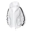 Jaqueta de Couro Masculina Nova em Estoque para o Verão, Corte Solto com Detalhes de Fita, Roupa de Proteção Solar para Exterior, Estilo Fashionável para Casais com Capuz