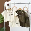 Ropa Informal de Nuevo Estilo para Niños Bebés, Conjunto de Dos Piezas de Verano con Cuello de Solapa, Letras y Pantalones Cortos de Manga Corta