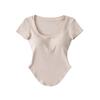 2569-Moda Europea y Americana Cuadrado Elegante Versátil Manga Corta Camiseta para Mujer 2025 Nueva Sexy Ajustada Prenda Base Superior
