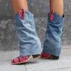 Botas de Caballero de Mezclilla con Costuras de Patrón de Serpiente Tacón Grueso Punta Puntiaguda Comercio Exterior Transfronterizo Estación Independiente Zapatos Nuevos para Mujer Botas Botas Largas