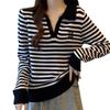 Suéter de cuello polo a rayas con borde cruzado, camisa interior de manga larga, novedad de otoño e invierno 2023, top adelgazante ajustado para mujer