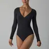 SKIMS mismo estilo Body de Manga Larga Cuello en V Ribete de Encaje Manga Larga Una Pieza Moldeador Ropa Interior para Mujeres