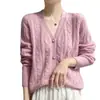 Caimento solto, estilo novo, básico e bonito! Macio e confortável, feito com 75% de caxemira e 25% de seda de amoreira, cardigã de tricô feminino com decote V e enfeites de pérola