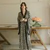 Camisola Patchwork de Renda com Estampa de Leopardo e Mangas de Sino Grandes, Roupão Longo com Cadarço, Roupa de Dormir Sexy para Mulheres 956