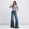 Jeans acampanados elásticos de tiro alto color azul claro transfronterizos para mujer, nuevo modelo de principios de otoño 2026, corte holgado, adelgazantes, no ajustados en las piernas