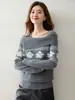 Suéter de Cachemira Tejido Fair Isle para Mujer, Nueva Moda 2026, Elegante Top de Punto Holgado de un Hombro