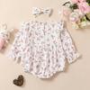 Conjunto de Duas Peças para Bebê com Estampa Floral em Duas Cores, Renda de Carro, Manga Voadora Longa, Coelhinho