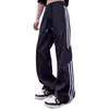 Pantalones casuales nuevos de retazos de tres rayas estilo deportivo retro americano para adolescentes, pantalones de pierna ancha rectos holgados de verano
