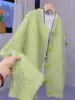 Cardigan de Tricô Grosso com Gola Redonda Huhu Macio Estilo Coreano Moda Feminina Outono Inverno Elegante Chique Casaco Suéter