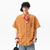 Camisas Casuales para Pareja Estilo Americano de Moda Bloques de Color Bordadas de Manga Corta para Hombres y Mujeres Verano Sueltas Dopamina Ins