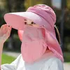 Chapéu de Sol Removível para Mulheres Verão Estilo Coreano Chapéu de Topo Vazio Aba Larga Anti-UV Chapéu de Sol para Ciclismo Chapéu com Máscara Facial