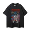 Primavera/Verano 2025 Estampado de Anime Vintage Americano Desgastado Cuello Redondo Suéter Manga Corta Oversize Camiseta Marca de Moda Manga Corta