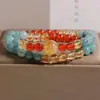 Pulsera Doble Círculo de Cristal Amarillo Natural Torre para Mujer, Nuevo Estilo Chino, Lujo Ligero, Jade Azul Agua Retro de Nicho, Pulsera Apilable de Ágata Roja