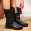Botas de hebilla estilo post-apocalíptico de comercio exterior para mujer otoño nuevo retro de media pantorrilla botas vaqueras occidentales botas de cuero arrugadas de media pantorrilla