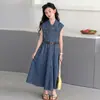Vestido de Mezclilla Tencel para Niñas Colección Verano 2026, Vestido Camisa Ligero sin Mangas para Niños Mayores, Vestido Largo Infantil Estilo Universitario