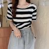 Nuevo Estilo Primavera Transfronterizo Muy Hada Rayado Punto Camiseta Corta de Manga Corta Diseño Pequeño Nicho Chic Top