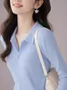 Camiseta de punto básica de manga larga con cuello tipo polo, delgada, única y chic para mujer, con sentido del diseño y hermoso top azul para Otoño e Invierno