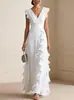 Ropa de Mujer Europea y Americana 2026, Sitio Web Independiente Amazon, Color Sólido, Plisado, Manga Corta, Vestido de Cuello en V, Vestido de Gasa