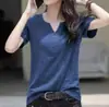 Camiseta de Manga Curta para Mulheres, Decote em V, Solta, Modeladora, Verão 2026, Estilo Coreano, Tamanho Grande, Cor Sólida, Blusa Simples de Meia Manga