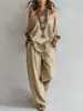 Conjunto de Verano Nuevo Casual Holgado de Lino con Mangas Tres Cuartos + Pantalones de Pierna Ancha para Mujer - Sitio Independiente de Amazon Transfronterizo Europeo y Americano