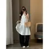 ¡El Mismo Estilo que la Popular Tienda Zedaijia Yi! Vestido tipo tank blanco de cuello redondo, con encaje calado, pliegues fruncidos y sin mangas, de corte holgado