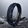 Pulseira Tecida Transfronteiriça, Personalizada e Versátil Pedra Olho de Tigre Fivela Magnética Pulseira de Couro, Pulseira Masculina Aço Inoxidável Multicamadas Retro